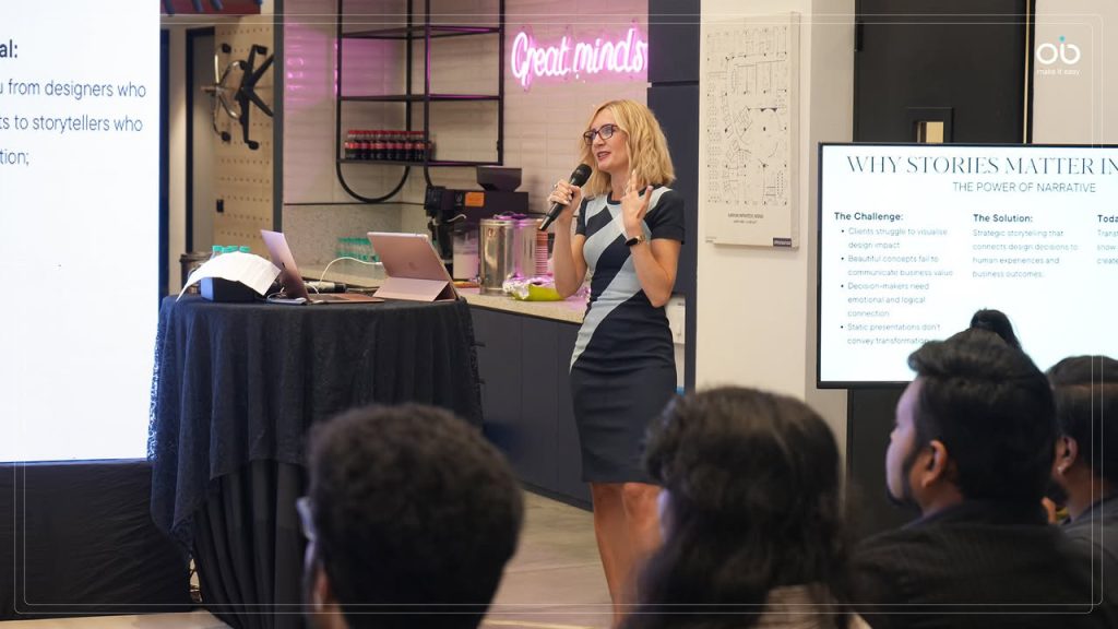 Katie Malik presenting 'Why Stories Matter: The Power of Narrative' to interior designers at a professional workshop, discussing strategic storytelling for design communication and business growth